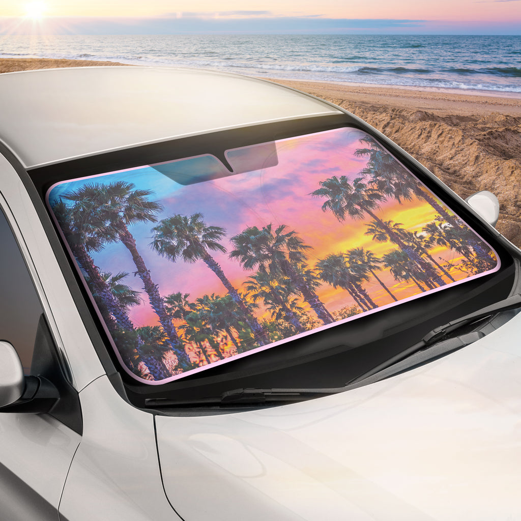 Sunset Palms Front Windshield Sunshade (Jumbo 64" x 32") - Rainbow Sunset