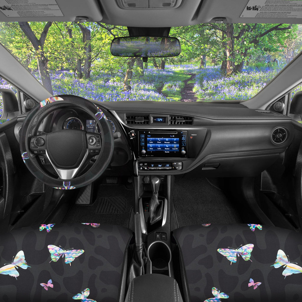 [Bundle] 2-PackBlack Leopard & Butterfly Front Seat Covers & Butterfly Steering Wheel Cover (Standard 14.5" - 15.5")