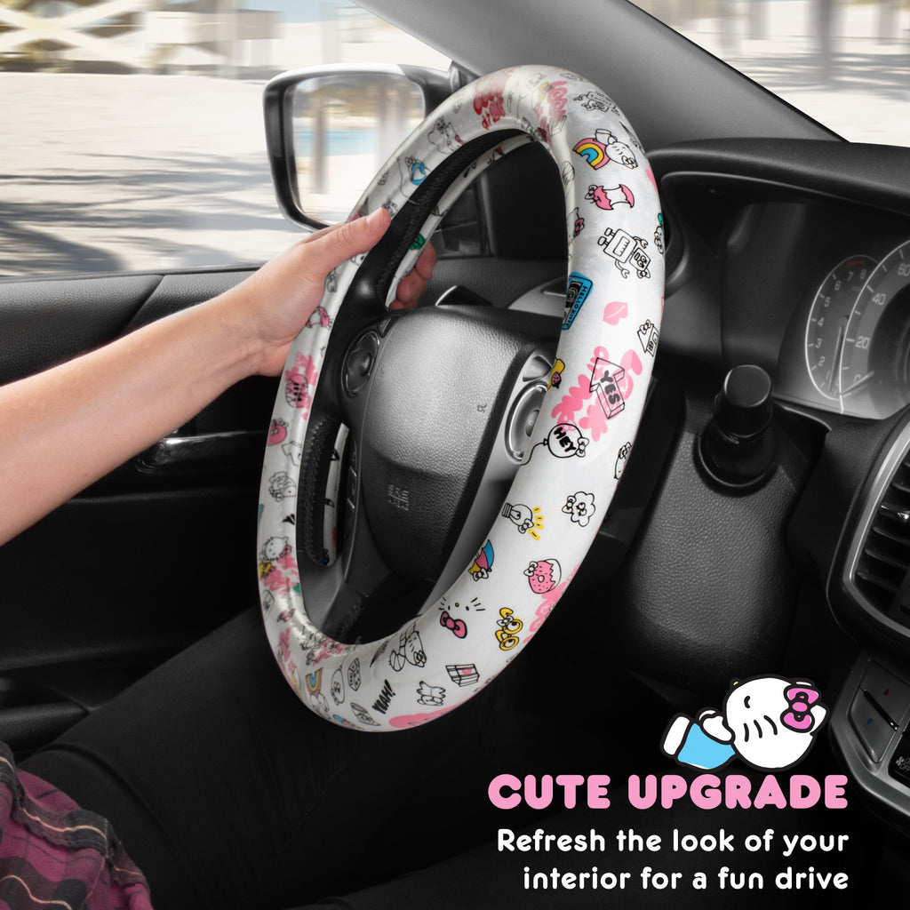 Hello Kitty Steering Wheel Cover, Official Sanrio Car Steering Wheel Cover with Universal Size 14.5 - 15.5, Cute White Steering Wheel Cover for Women, Hello Kitty Car Accessories (Hello Kitty Look at Me)