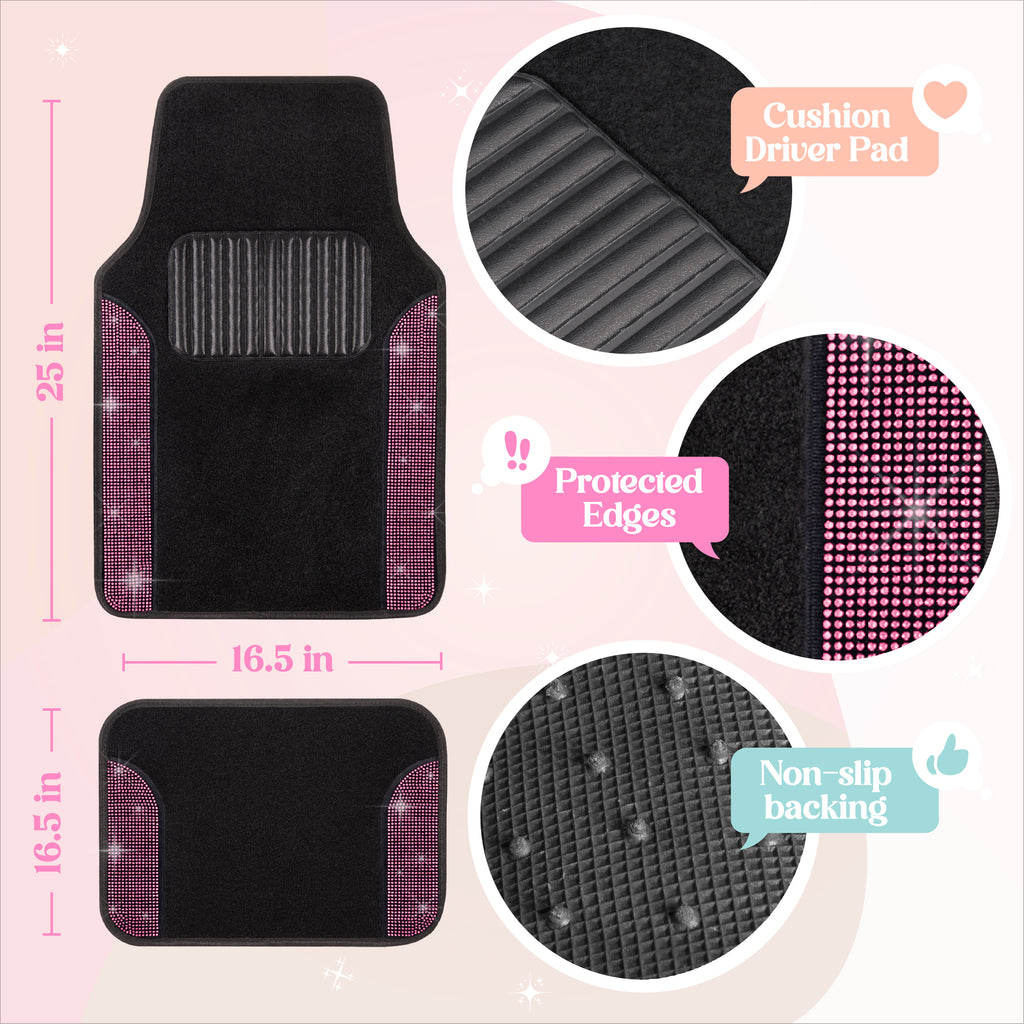 4-Piece Diamond Bling Front Floor Mats & Rear Floor Mats - Pink - Pink