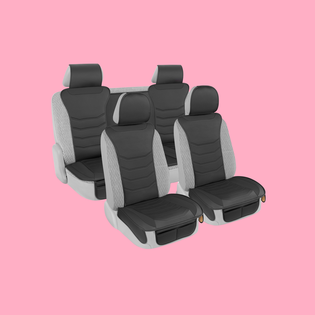 [Bundle] 2-Pack LuxeFit Leatherette Front Seat Covers & Rear Seat Covers - Black - Black,Full Set