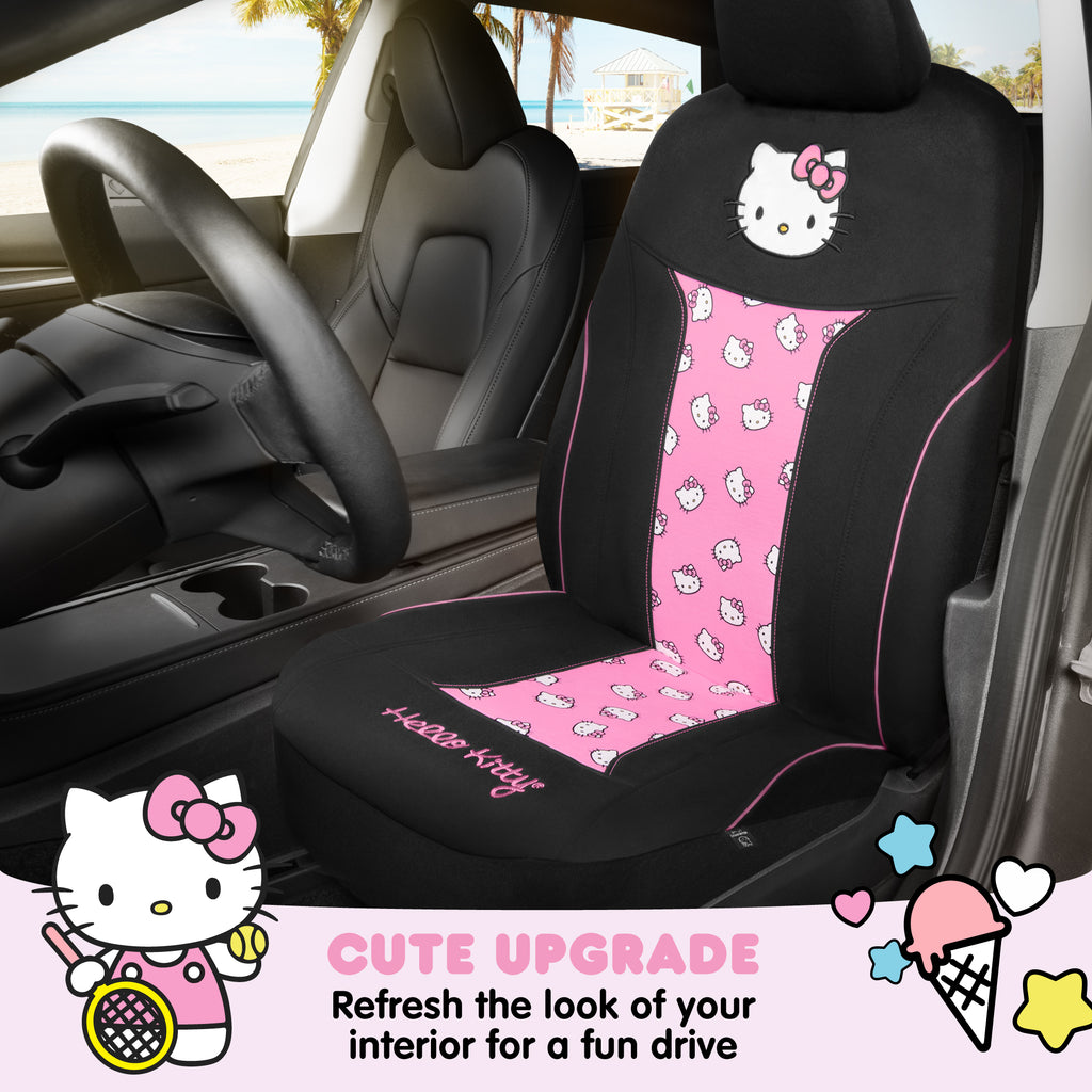 Sanrio Hello Kitty Car Seat Cover - Cute and Durable Pink Front Seat Cover, Adorable Hello Kitty Design, Comfortable and Long-Lasting Polyester, Hello Kitty & Friends Car Accessories 1pc Black/Pink