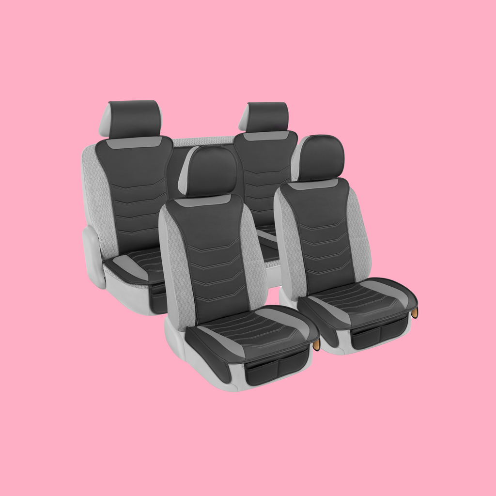 [Bundle] 2-Pack LuxeFit Leatherette Front Seat Covers & Rear Seat Covers - Black/Gray - Black/Gray,Full Set