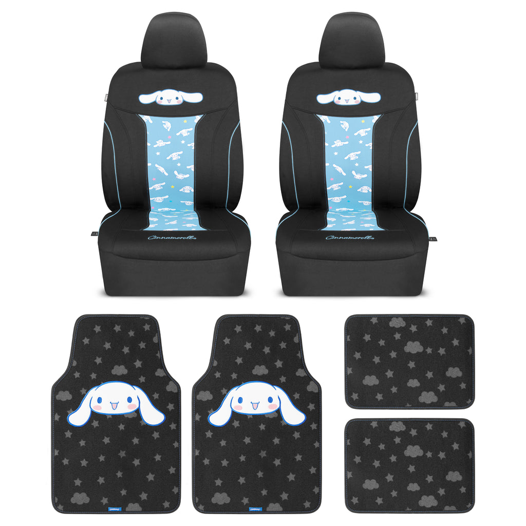 [Bundle] Hello Kitty Cinnamoroll Car Seat Covers - Adorable Light Blue Front Seat Covers with 4PC Carpet Car Floor Mats - Universal Fit for Cars, SUVs & Trucks - Super Cute Cinnamoroll Print & Pattern Accents