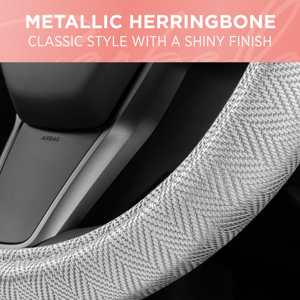 Metallic Herringbone Steering Wheel Cover (Standard 14.5" - 15.5") - Purple - Silver