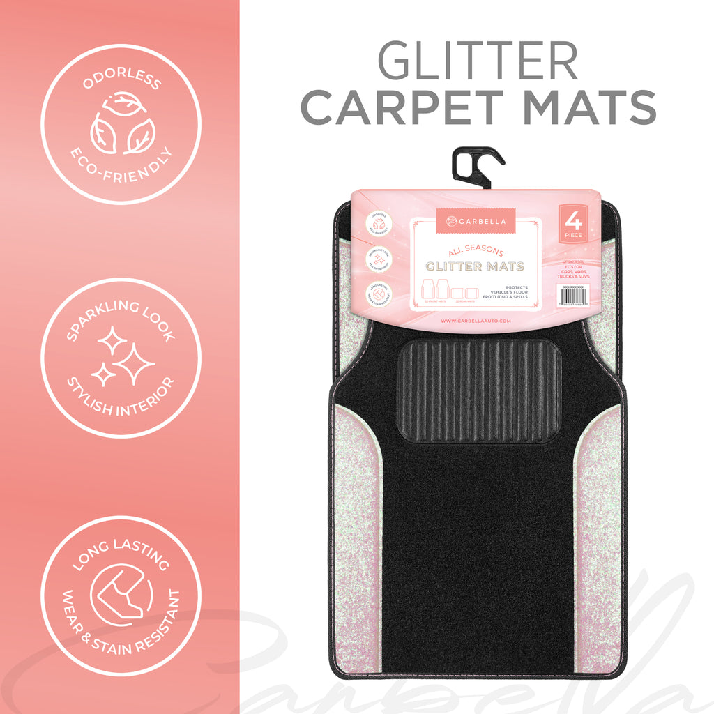 4-Piece Sparkle Glitter Front Floor Mats & Rear Floor Mats - Pink Silver - Pink Silver