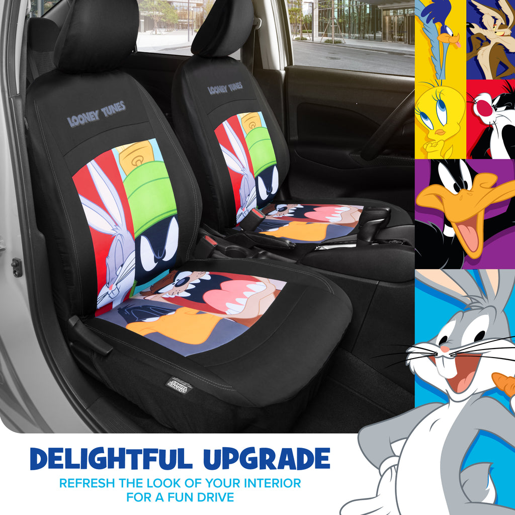 Looney Tunes Car Seat Covers – 2-Piece Front Seat Covers Featuring Bugs Bunny, Marvin the Martian, Taz & Daffy Duck – Universal Fit for Cars Trucks SUV Seat Covers for Car Cute Cartoon Car Accessories