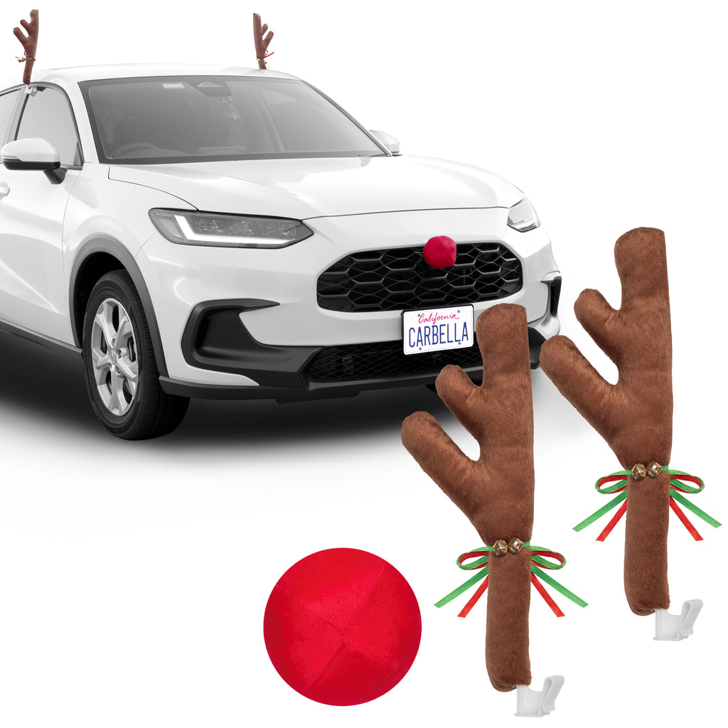 Carbella Car Christmas Reindeer Antlers and Nose - Xmas Decorations for Car - Window Holiday Kit for Car Truck Van SUV