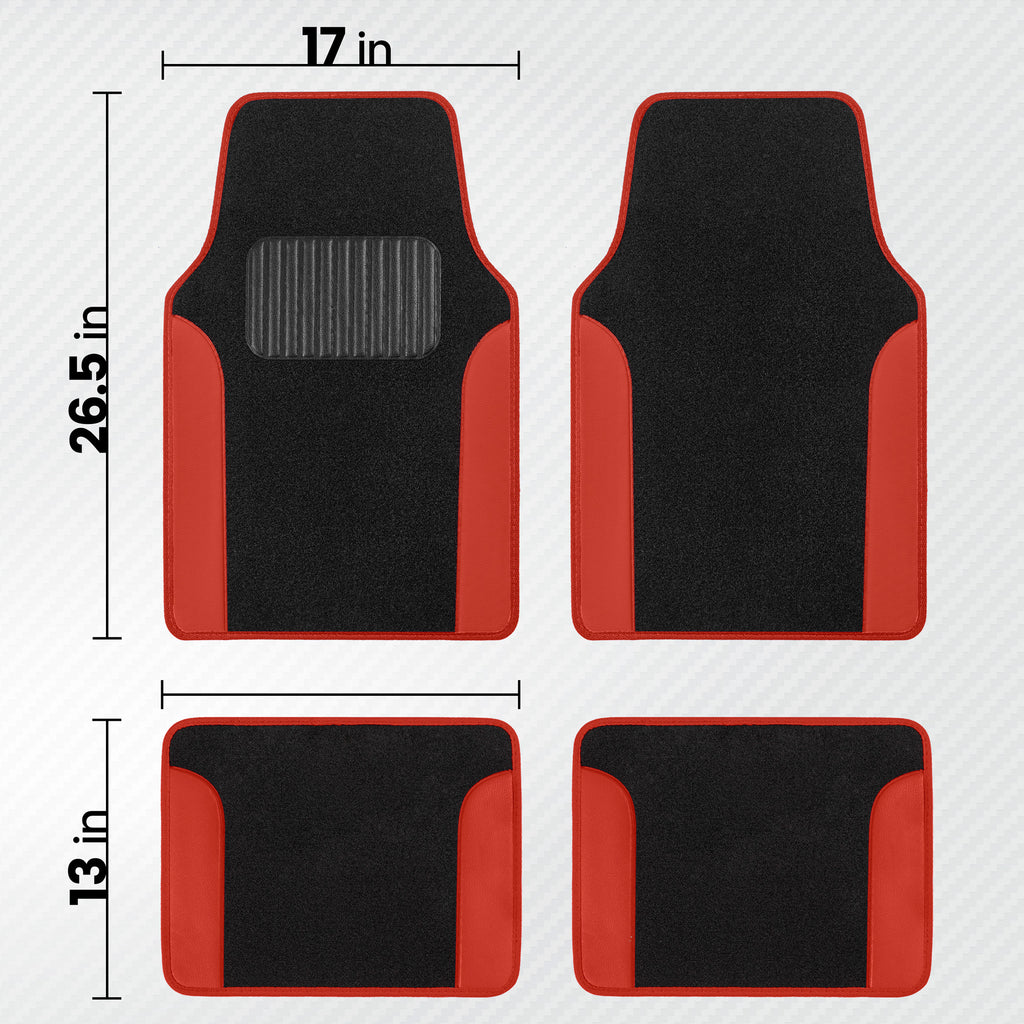 4-Piece Carpet Leatherette Front Floor Mats & Rear Floor Mats - Red - Red