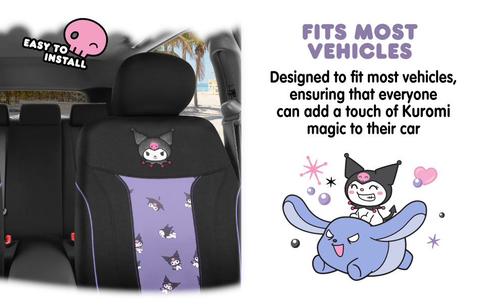 Sanrio Kuromi Car Seat Cover - Cute Black and Purple Front Seat Cover with Lavender Accents, Durable and Comfortable Polyester, Hello Kitty & Friends Car Accessories 1pc