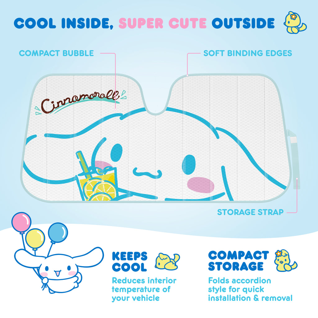 Official Sanrio Cinnamoroll Lemon Chill Front Windshield Sunshade (58" x 28")