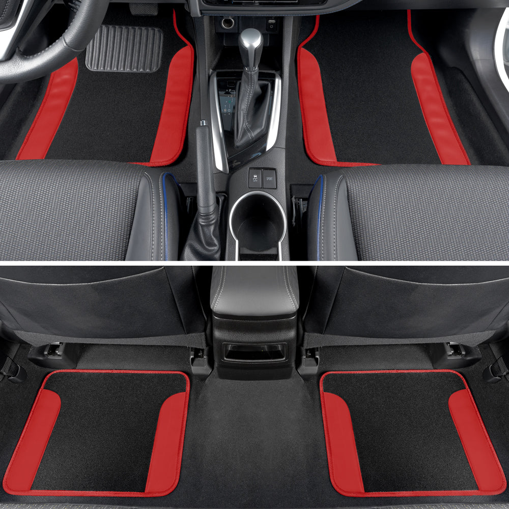 4-Piece Carpet Leatherette Front Floor Mats & Rear Floor Mats - Red - Red