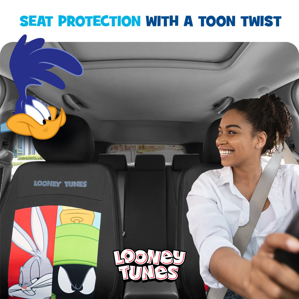 Looney Tunes Car Seat Covers – 2-Piece Front Seat Covers Featuring Bugs Bunny, Marvin the Martian, Taz & Daffy Duck – Universal Fit for Cars Trucks SUV Seat Covers for Car Cute Cartoon Car Accessories