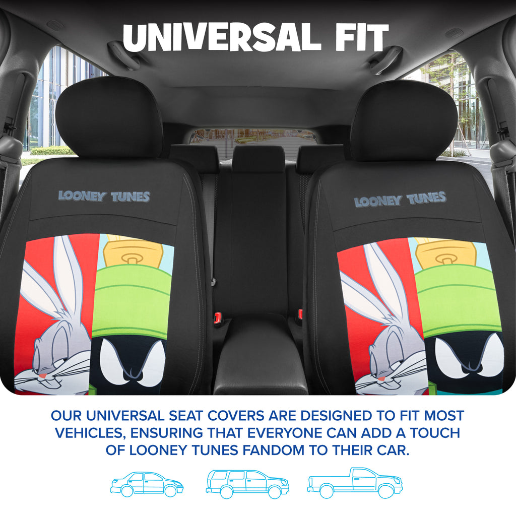 Looney Tunes Car Seat Covers – 2-Piece Front Seat Covers Featuring Bugs Bunny, Marvin the Martian, Taz & Daffy Duck – Universal Fit for Cars Trucks SUV Seat Covers for Car Cute Cartoon Car Accessories