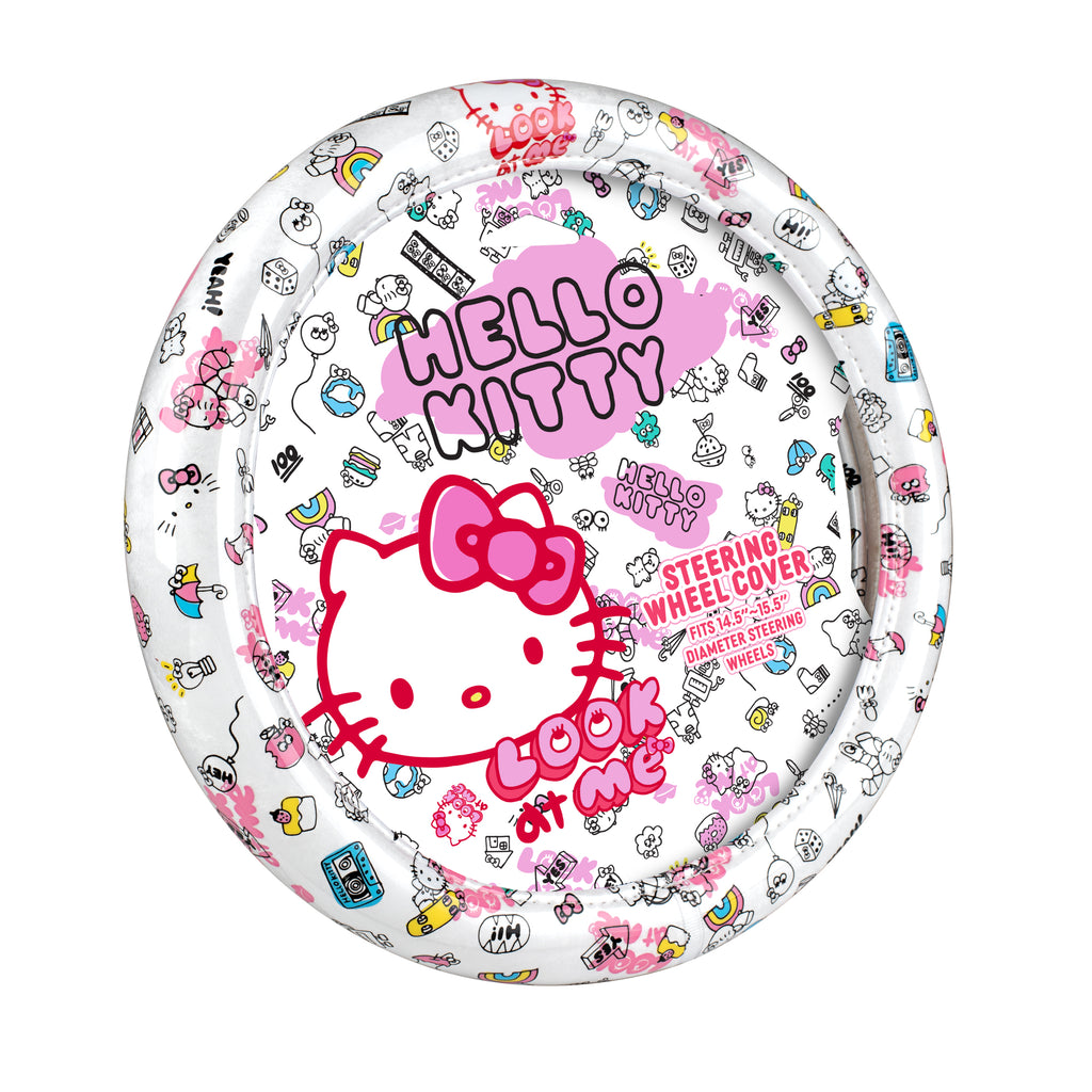 Hello Kitty Steering Wheel Cover, Official Sanrio Car Steering Wheel Cover with Universal Size 14.5 - 15.5, Cute White Steering Wheel Cover for Women, Hello Kitty Car Accessories (Hello Kitty Look at Me)