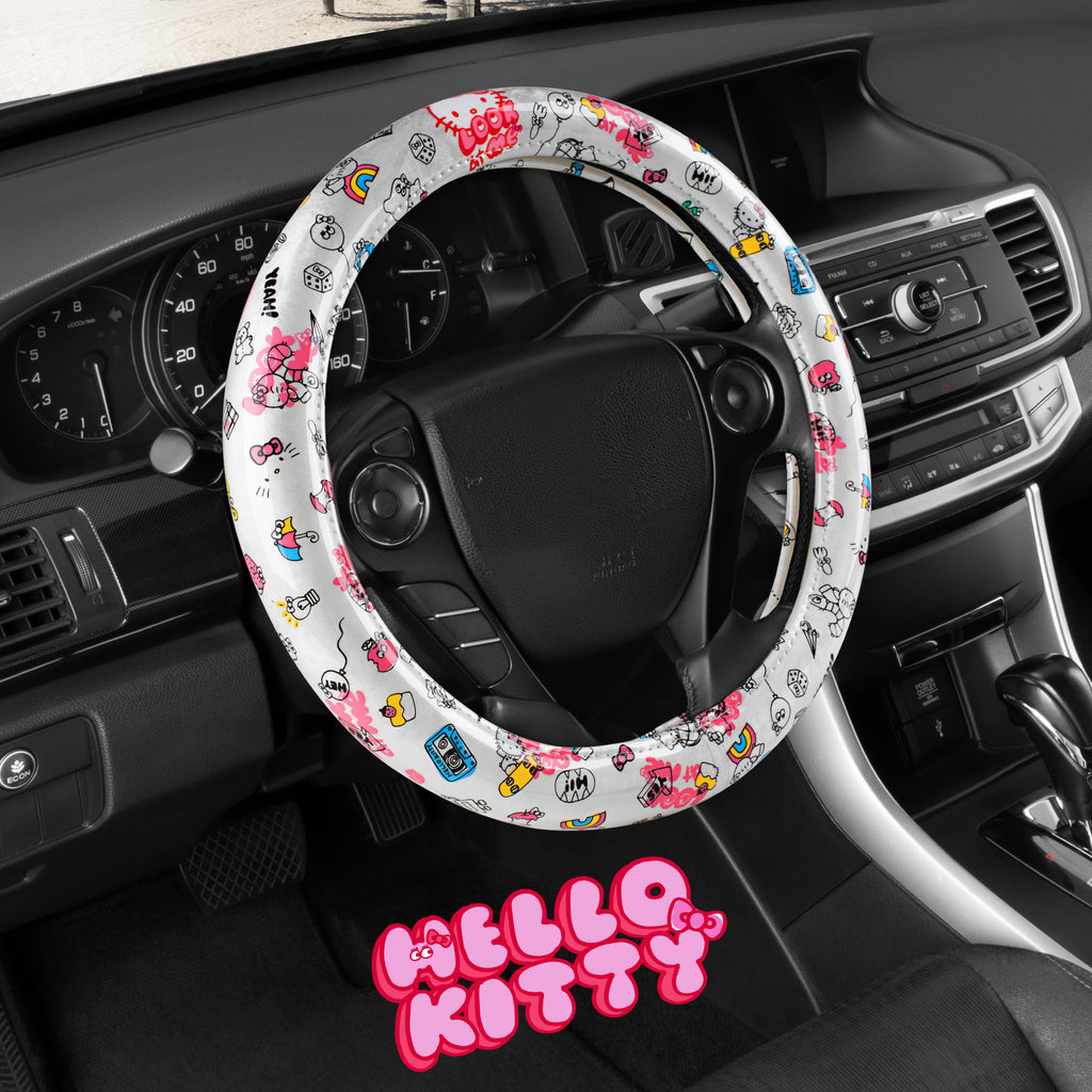 Hello Kitty Steering Wheel Cover, Official Sanrio Car Steering Wheel Cover with Universal Size 14.5 - 15.5, Cute White Steering Wheel Cover for Women, Hello Kitty Car Accessories (Hello Kitty Look at Me)