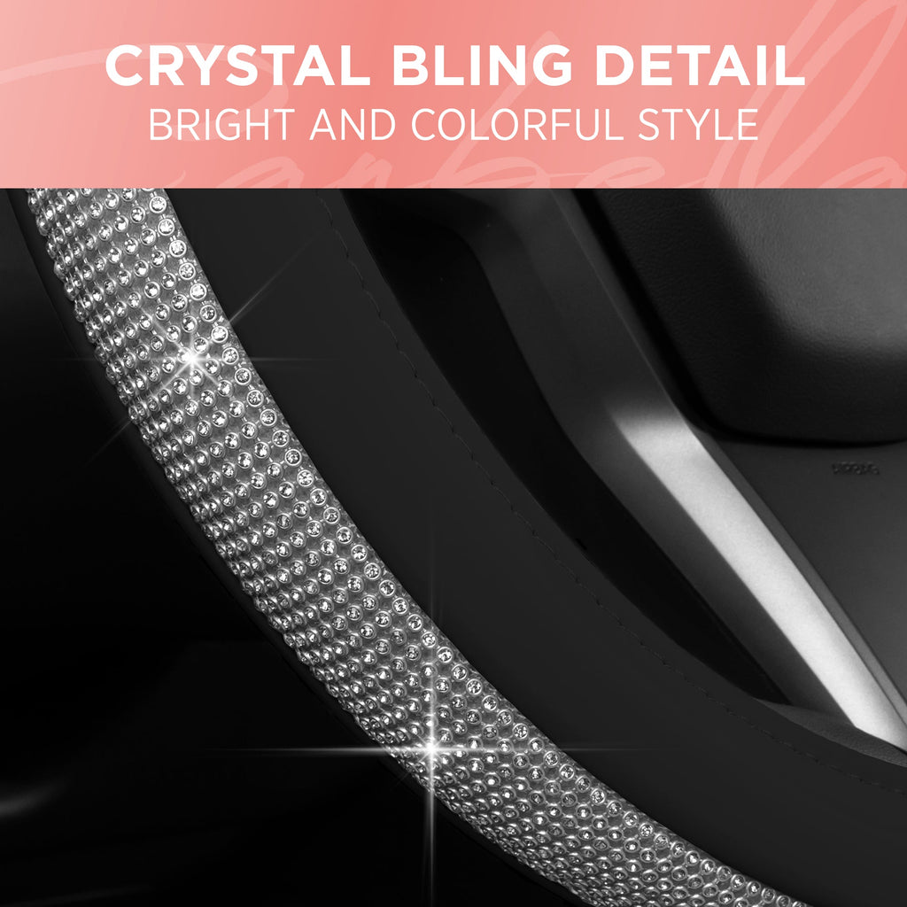 [Bundle] Sparkle Set: 4-Piece Two-Tone Carpet Glitter Front Floor Mats & Rear Floor Mats & Crystal Diamond Bling Steering Wheel Cover (Standard 14.5" - 15.5")