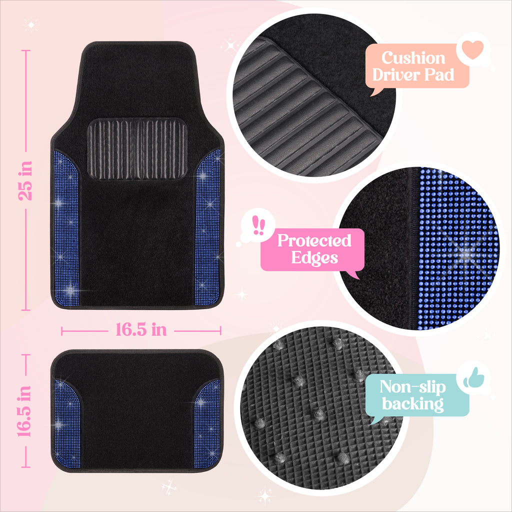 4-Piece Diamond Bling Front Floor Mats & Rear Floor Mats - Blue - Blue