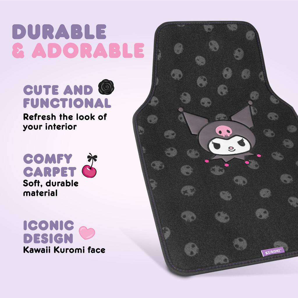 [Bundle] Kuromi Car Seat Covers, Car Floor Mats, Steering Wheel Cover, Windshield Sun Shade for Car Gift Pack Car Air Freshener Black and Purple Hello Kitty Car Accessories for Women 9pc Combo