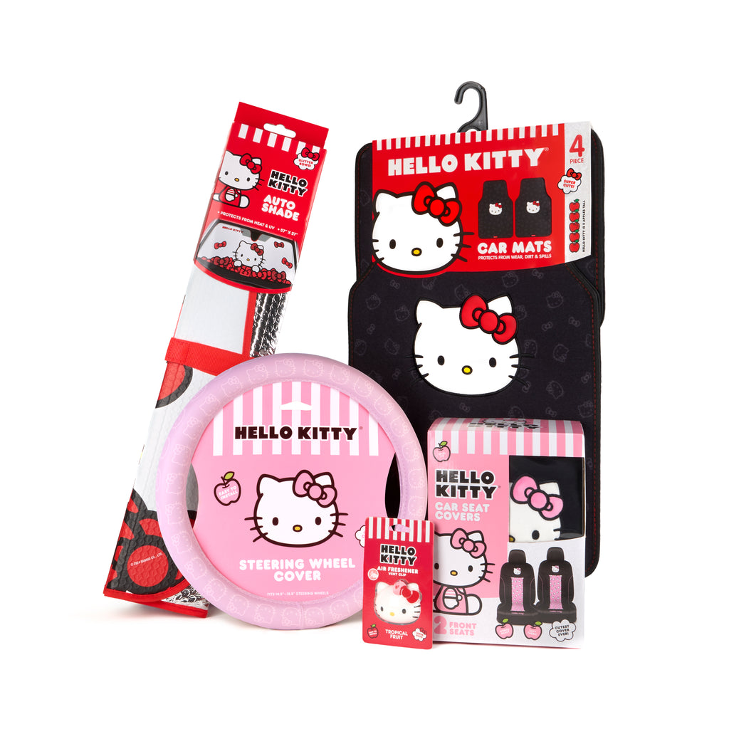 [Bundle] Hello Kitty Car Seat Covers, Car Floor Mats, Steering Wheel Cover, Windshield Sun Shade for Car Gift Pack Car Air Freshener Black and Pink Hello Kitty Car Accessories for Women 9pc Combo