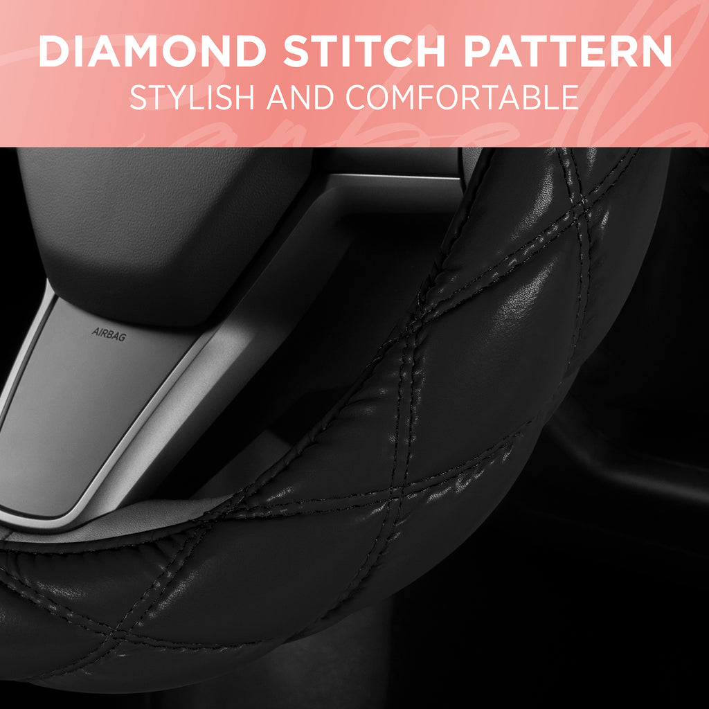 Diamond Stitched Leatherette Steering Wheel Cover (Standard 14.5" - 15.5") - Black - Black