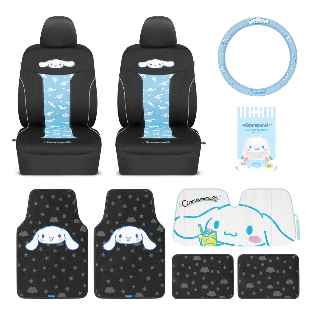 [Bundle] Cinnamoroll Car Seat Covers, Car Floor Mats, Steering Wheel Cover, Windshield Sun Shade for Car Gift Pack Car Air Freshener Black and Blue Hello Kitty Car Accessories for Women 9pc Combo