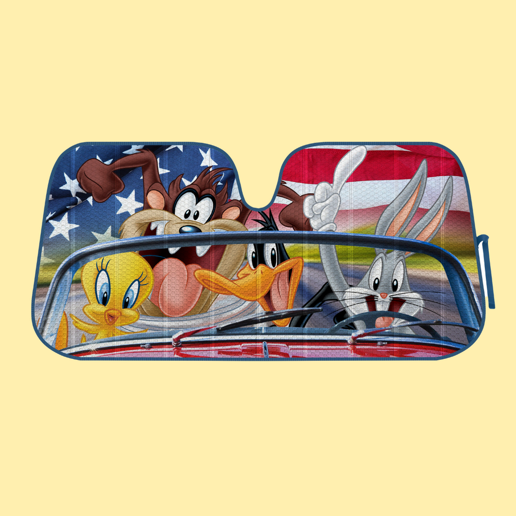 Looney Tunes Car Sunshade with Tweety Bird, Taz, Daffy Duck and Bugs Bunny with the USA flag in the back