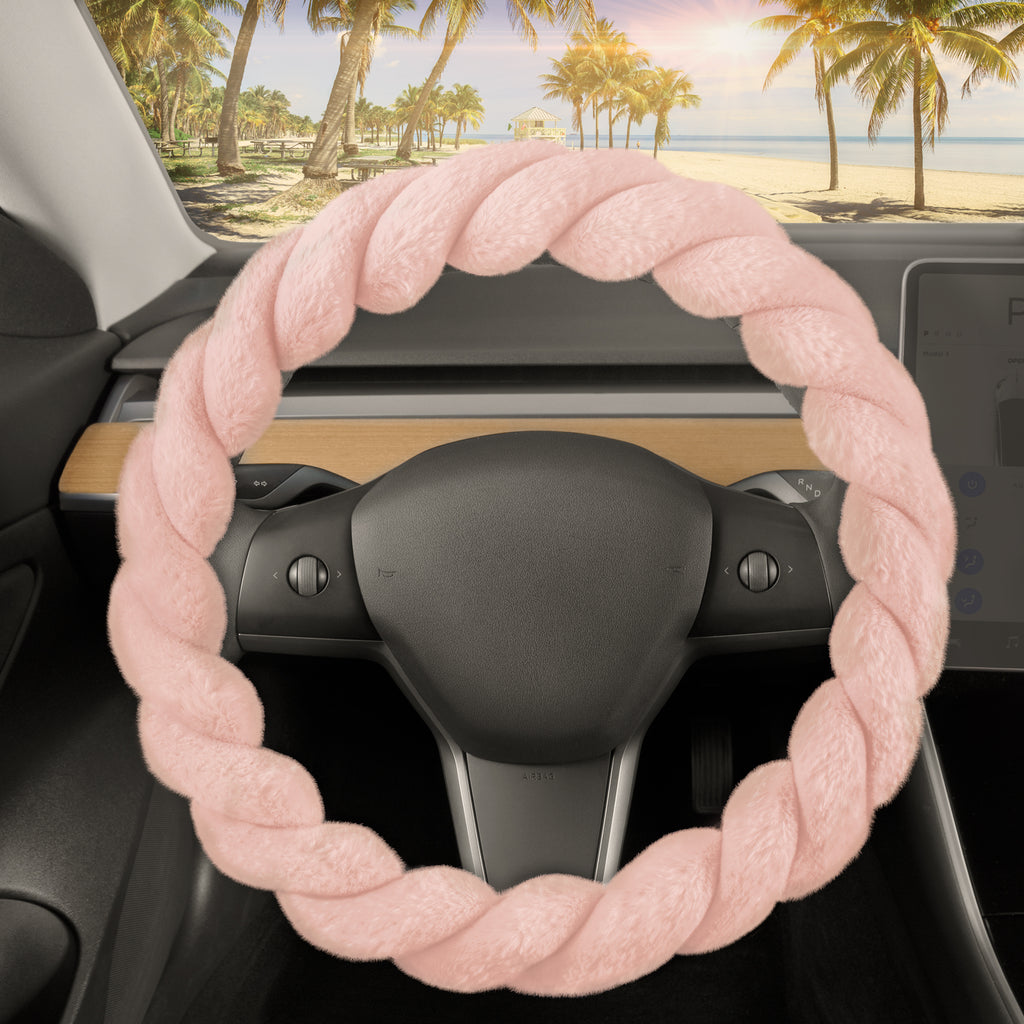 Gray Twisted Faux Fur Steering Wheel Cover